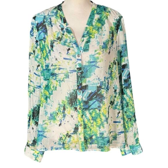 Karl Lagerfeld Top Size Large Long Sleeve Sheer Abstract Green Flowy Layer Artsy - Picture 1 of 8